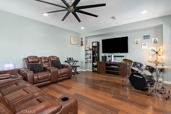 Home Theatre Room, Interior, Living room, Recessed Lighting, Wood Texture Flooring