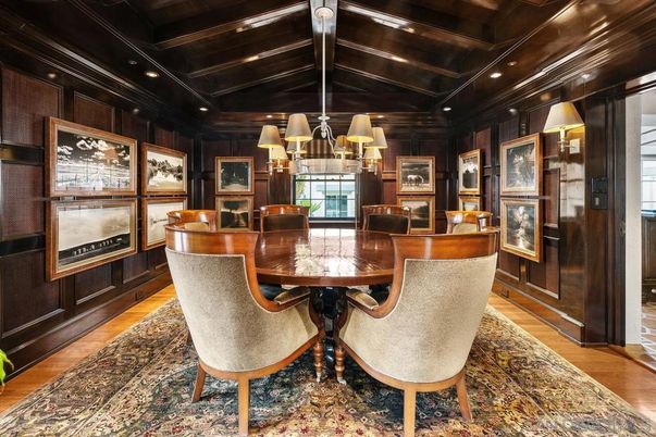 Chandelier, Dining room, Interior, Recessed Lighting, Wooden Beams, Wooden Ceilings, Wood Texture Flooring