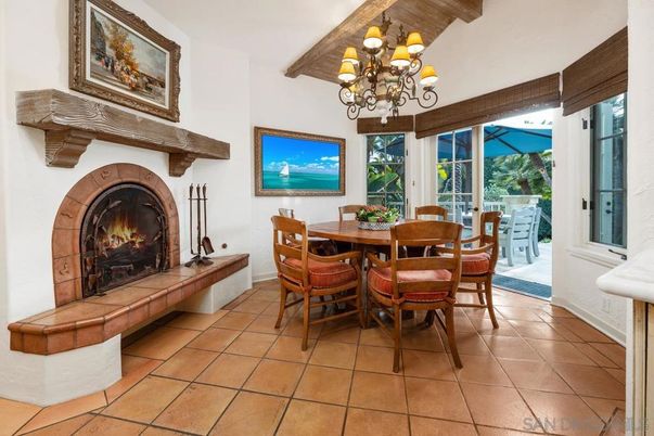 Chandelier, Dining room, Fireplace, Interior, Wooden Beams