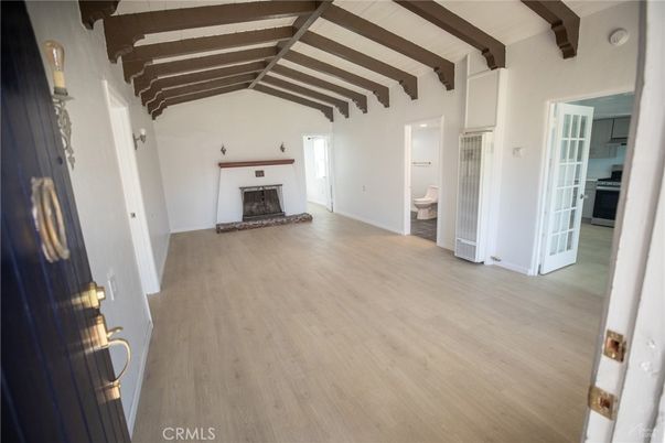 Bathroom, Empty room, Fireplace, Interior, Wooden Beams, Wood Texture Flooring