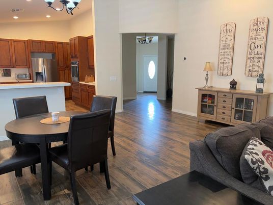 Dining room, Interior, Kitchen, Pendant Lights, Recessed Lighting, Stainless Steel Appliances, Wood Texture Flooring