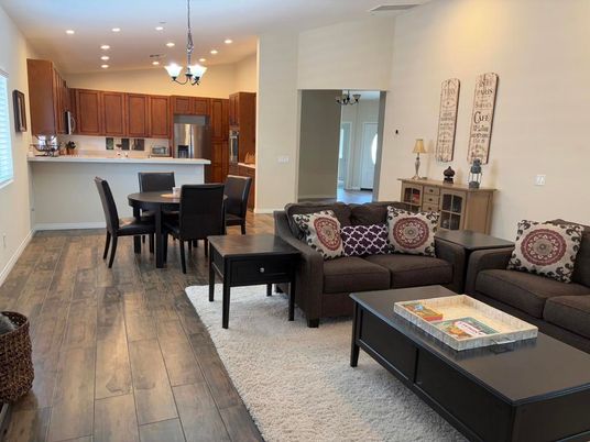 Chandelier, Dining room, Interior, Kitchen, Living room, Recessed Lighting, Stainless Steel Appliances, Wood Texture Flooring