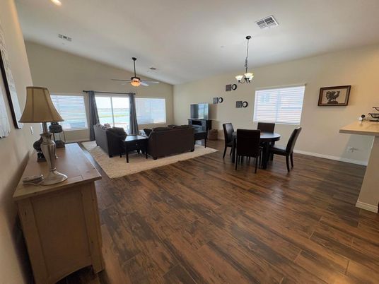 Chandelier, Dining room, Interior, Living room, Pendant Lights, Recessed Lighting, Wood Texture Flooring