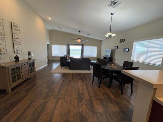 Chandelier, Dining room, Interior, Living room, Recessed Lighting, Wood Texture Flooring