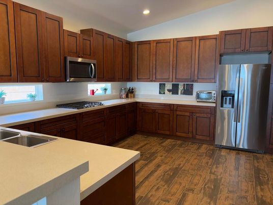 Interior, Kitchen, Recessed Lighting, Stainless Steel Appliances, Wood Texture Flooring