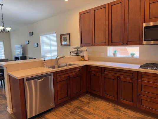 Chandelier, Interior, Kitchen, Recessed Lighting, Stainless Steel Appliances, Wood Texture Flooring