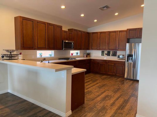 Interior, Kitchen, Recessed Lighting, Stainless Steel Appliances, Wood Texture Flooring