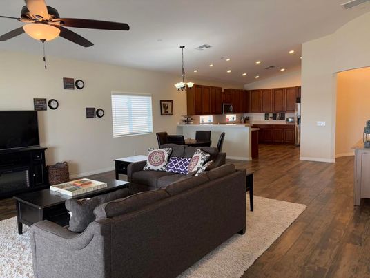 Chandelier, Dining room, Interior, Kitchen, Living room, Recessed Lighting, Wood Texture Flooring