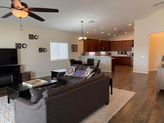 Chandelier, Dining room, Interior, Kitchen, Living room, Pendant Lights, Recessed Lighting, Wood Texture Flooring