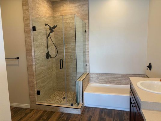 Bathroom, Glass Shower, Interior, Wood Texture Flooring