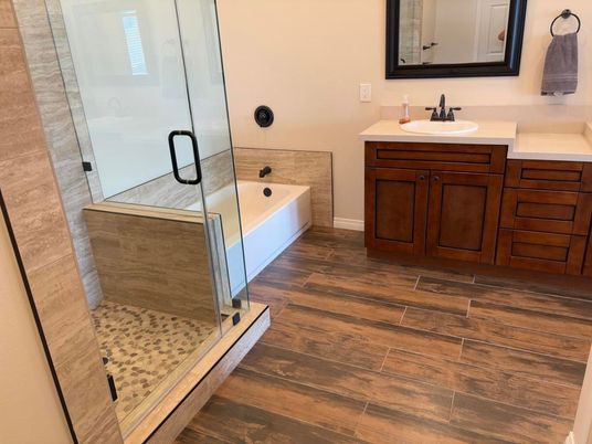 Bathroom, Dual Sink Vanities, Glass Shower, Interior, Wood Texture Flooring