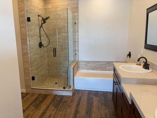 Bathroom, Glass Shower, Interior, Wood Texture Flooring
