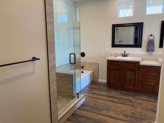 Bathroom, Glass Shower, Interior, Wood Texture Flooring