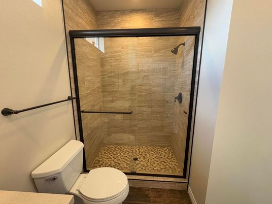 Bathroom, Glass Shower, Interior, Recessed Lighting, Wood Texture Flooring