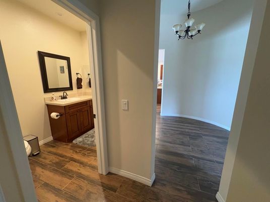 Bathroom, Chandelier, Interior, Wood Texture Flooring