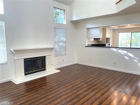 Empty room, Fireplace, Interior, Kitchen, Wood Texture Flooring