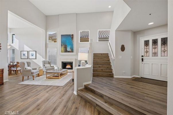 Fireplace, Interior, Living room, Recessed Lighting, Wood Texture Flooring