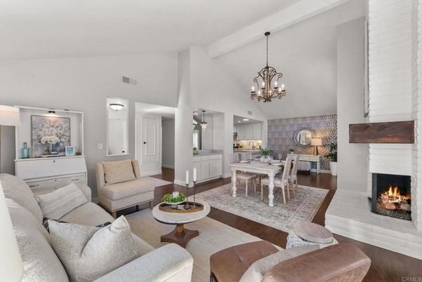 Chandelier, Dining room, Fireplace, Interior, Living room, Pendant Lights, Wood Texture Flooring