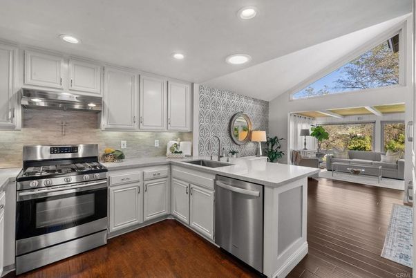 Interior, Kitchen, Living room, Recessed Lighting, Stainless Steel Appliances, Wood Texture Flooring