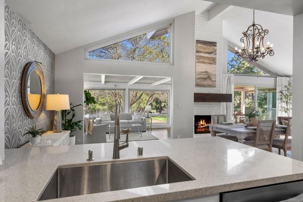 Chandelier, Dining room, Fireplace, Interior, Kitchen, Living room