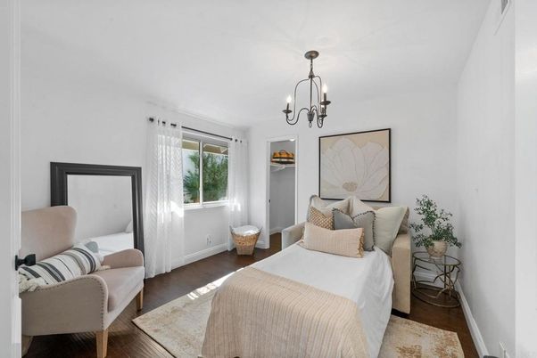 Bedroom, Chandelier, Interior, Wood Texture Flooring