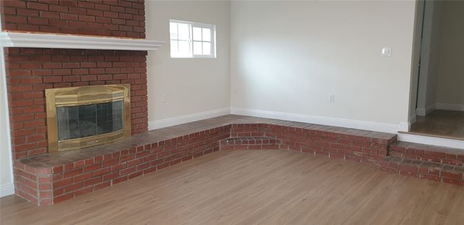 Empty room, Fireplace, Interior, Stone Walls, Wood Texture Flooring