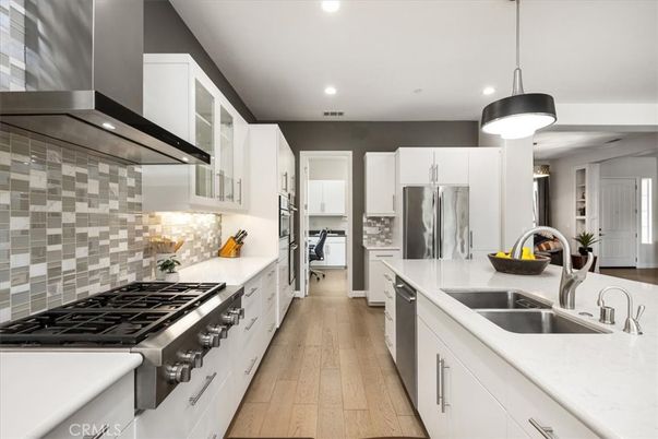 Interior, Kitchen, Pendant Lights, Recessed Lighting, Stainless Steel Appliances, Wood Texture Flooring