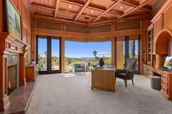 Fireplace, Home Office, Interior, Recessed Lighting, Wooden Beams, Wooden Ceilings, Wooden Walls