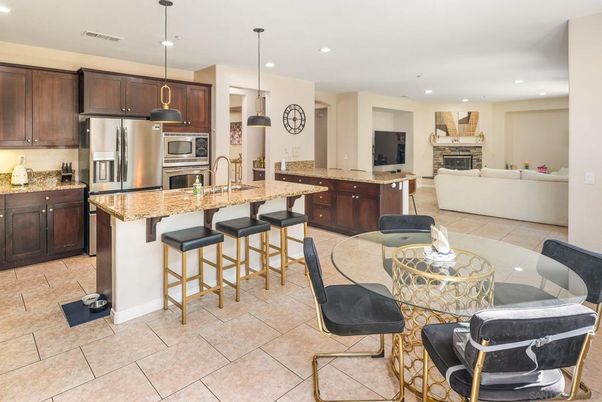 Dining room, Fireplace, Interior, Kitchen, Living room, Pendant Lights, Recessed Lighting, Stainless Steel Appliances