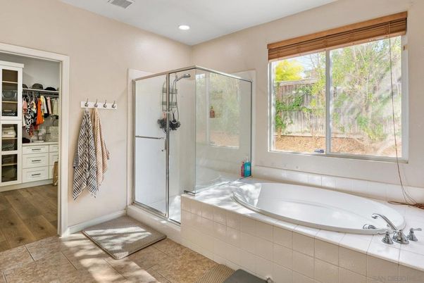 Bathroom, Glass Shower, Interior, Recessed Lighting, Wood Texture Flooring