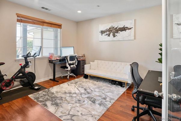 Fitness Equipment, Home Office, Interior, Recessed Lighting, Wood Texture Flooring