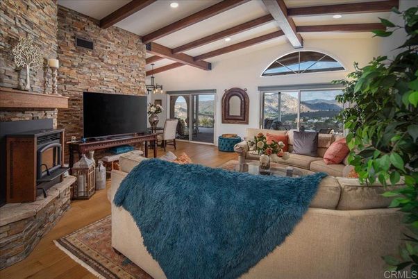 Fireplace, Interior, Living room, Recessed Lighting, Stone Walls, Wooden Beams, Wood Texture Flooring