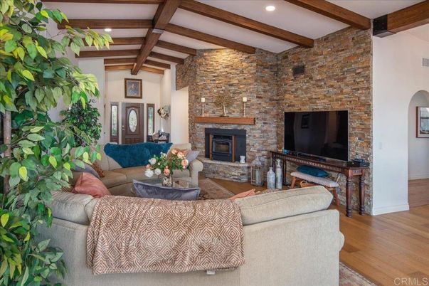 Fireplace, Interior, Living room, Recessed Lighting, Stone Walls, Wooden Beams, Wood Texture Flooring