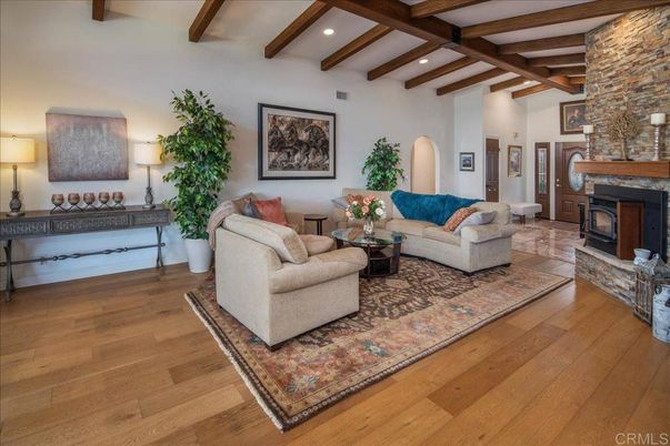 Fireplace, Interior, Living room, Recessed Lighting, Stone Walls, Wooden Beams, Wood Texture Flooring