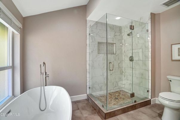 Bathroom, Free Standing Baths, Glass Shower, Interior, Marble Walls, Recessed Lighting