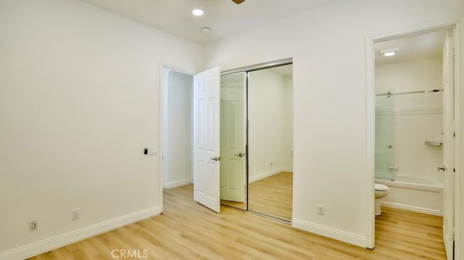 Bathroom, Glass Shower, Interior, Recessed Lighting, Wood Texture Flooring