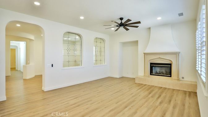 Empty room, Fireplace, Interior, Recessed Lighting, Wood Texture Flooring