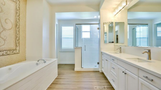 Bathroom, Dual Sink Vanities, Glass Shower, Interior, Wood Texture Flooring