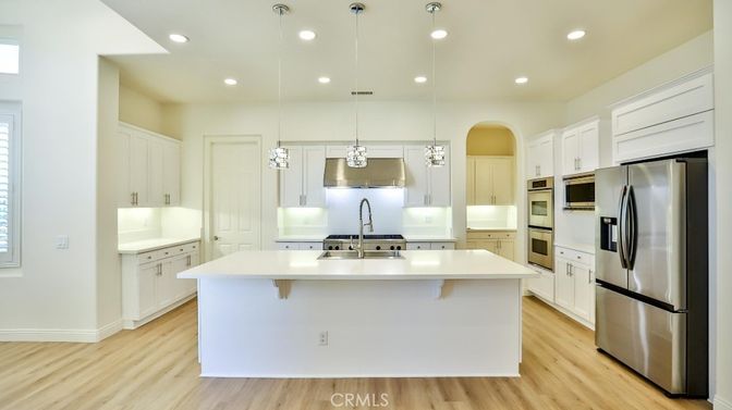 Interior, Kitchen, Pendant Lights, Recessed Lighting, Stainless Steel Appliances, Wood Texture Flooring