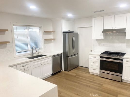 Interior, Kitchen, Recessed Lighting, Stainless Steel Appliances, Wood Texture Flooring