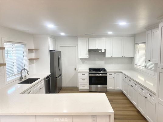 Interior, Kitchen, Recessed Lighting, Stainless Steel Appliances, Wood Texture Flooring