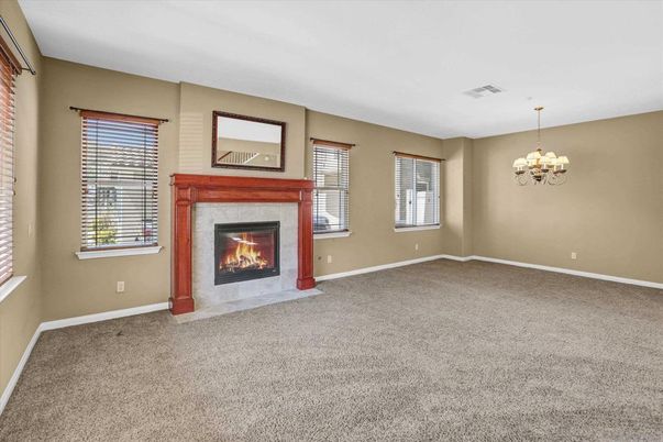 Chandelier, Empty room, Fireplace, Interior