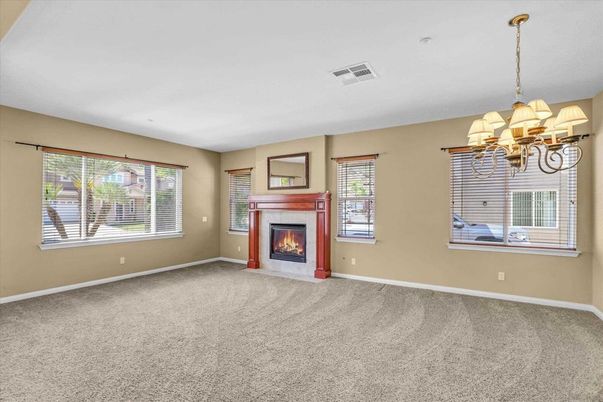 Chandelier, Empty room, Fireplace, Interior
