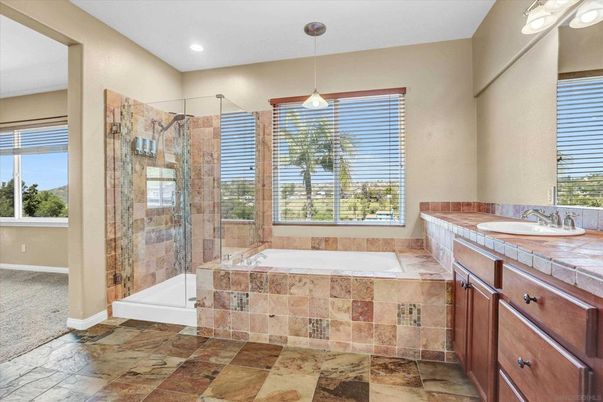Bathroom, Glass Shower, Interior, Pendant Lights, Recessed Lighting, Tile Countertops