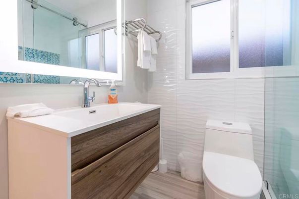 Bathroom, Glass Shower, Interior, Wood Texture Flooring