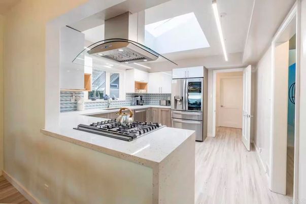 Interior, Kitchen, Marble, Recessed Lighting, Stainless Steel Appliances, Wood Texture Flooring