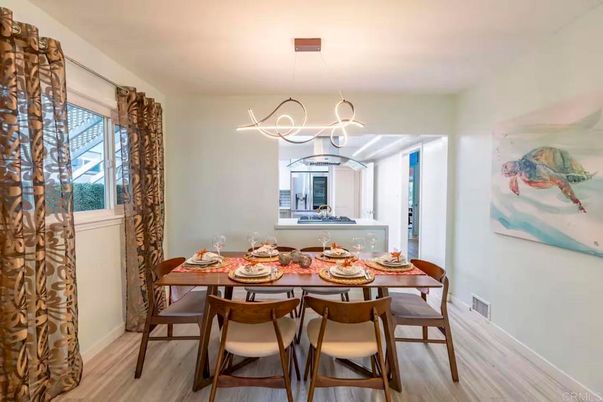 Dining room, Interior, Pendant Lights, Wood Texture Flooring