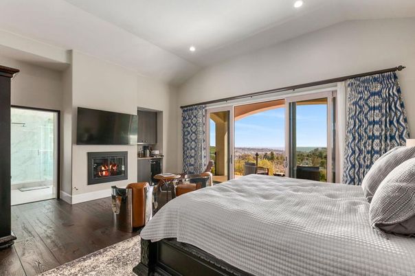 Bedroom, Fireplace, Interior, Recessed Lighting, Wood Texture Flooring