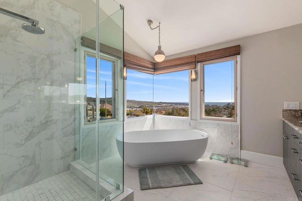 Bathroom, Free Standing Baths, Glass Shower, Interior, Marble, Marble Walls, Pendant Lights
