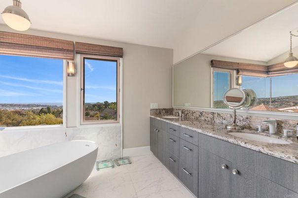 Bathroom, Dual Sink Vanities, Free Standing Baths, Interior, Marble, Pendant Lights